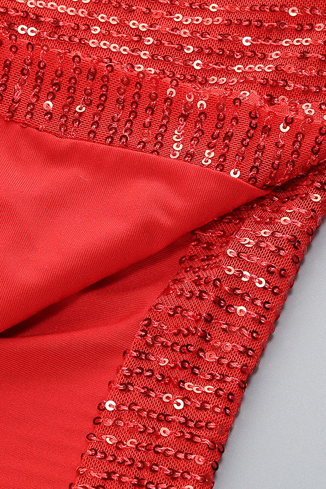 Slip Sequin Draped Slit Gown In Red