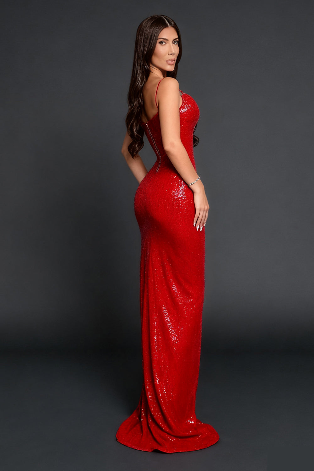 Slip Sequin Draped Slit Gown In Red