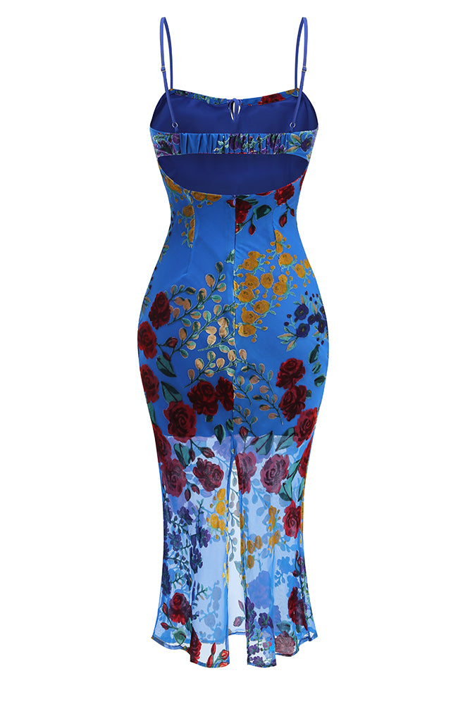 Robe mi-longue fleurie indigo