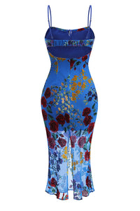 Robe mi-longue fleurie indigo