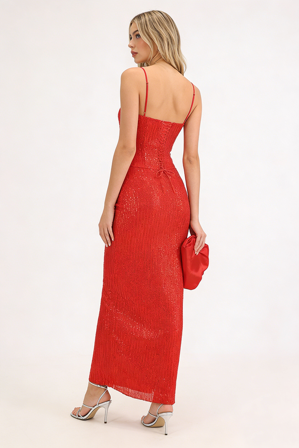 Slip Sequin Draped Slit Gown In Red