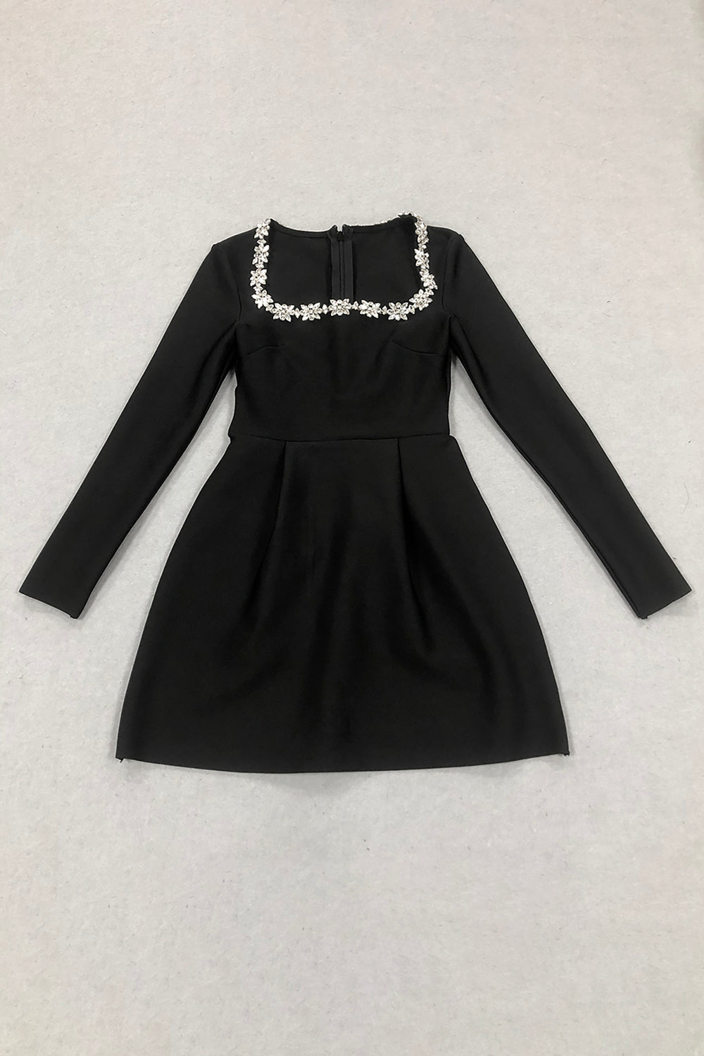 Square Collar Crystal Rhinestone-Trim Black Dress