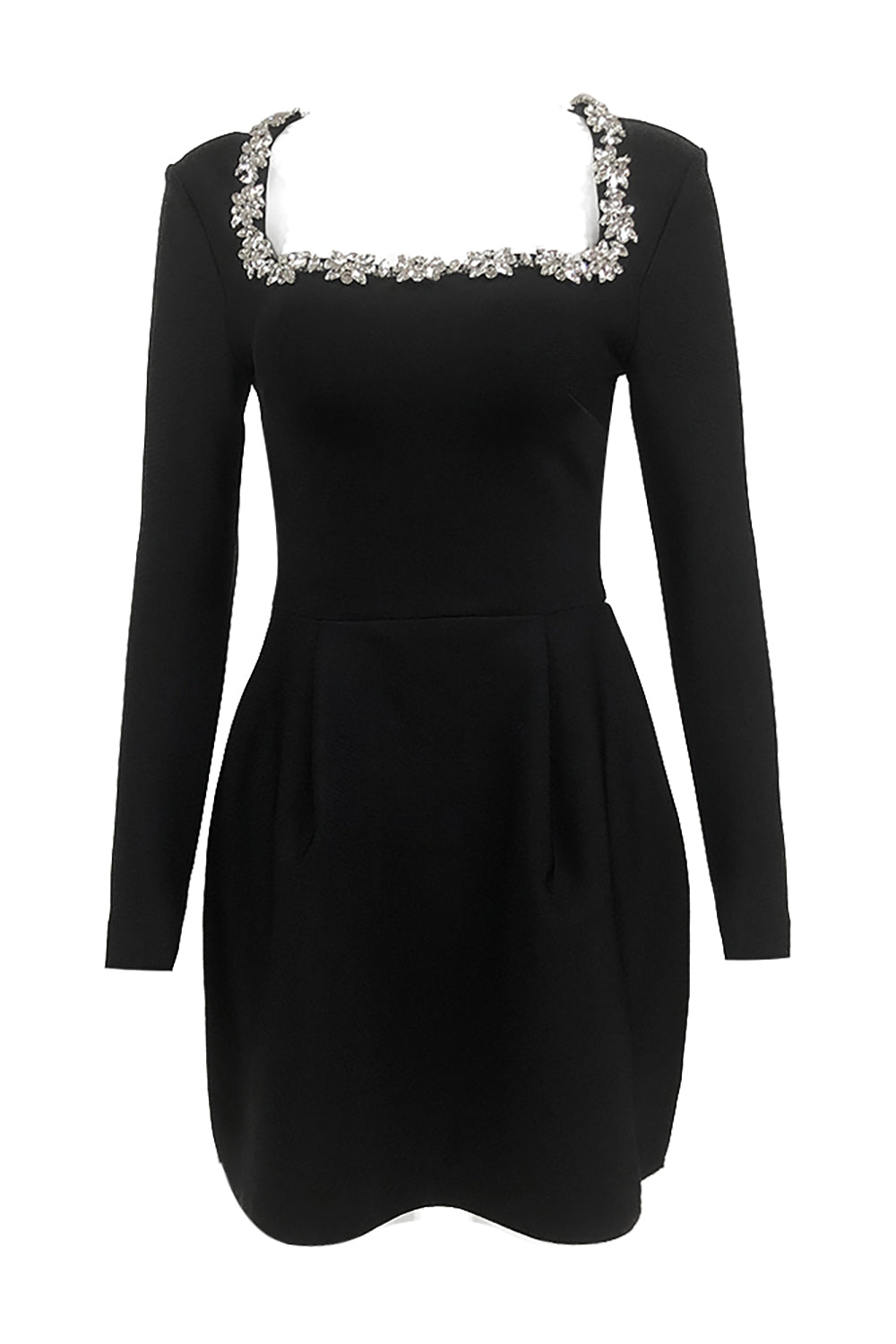 Square Collar Crystal Rhinestone-Trim Black Dress – CHICIDA