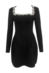 Square Collar Crystal Rhinestone-Trim Black Dress