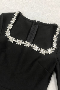 Square Collar Crystal Rhinestone-Trim Black Dress