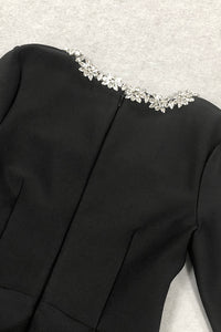 Square Collar Crystal Rhinestone-Trim Black Dress