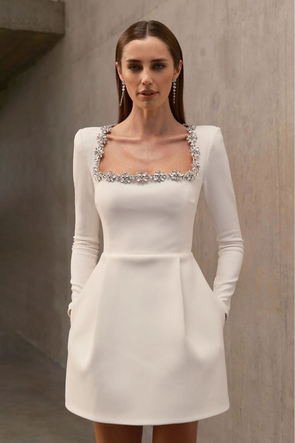 Square Collar Crystal Rhinestone-Trim White Dress