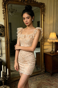 Square Lace Ruffle Mini Dress Nude in Nude