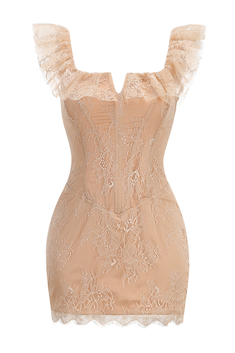 Square Lace Ruffle Mini Dress Nude in Nude