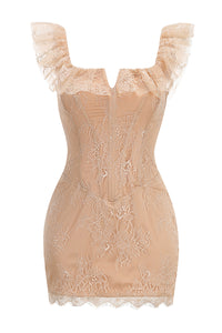 Square Lace Ruffle Mini Dress Nude in Nude