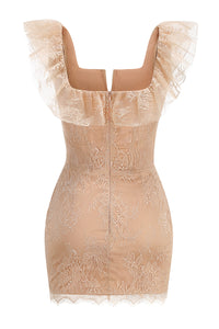 Square Lace Ruffle Mini Dress Nude in Nude