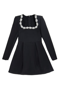 Square Collar Crystal Rhinestone-Trim Dress