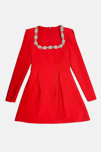 Square Collar Crystal Rhinestone-Trim Dress