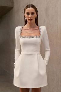 Square Collar Crystal Rhinestone-Trim Dress