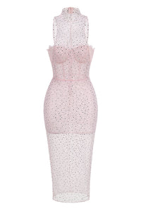 Stand Crystal Embellished Mesh Dress