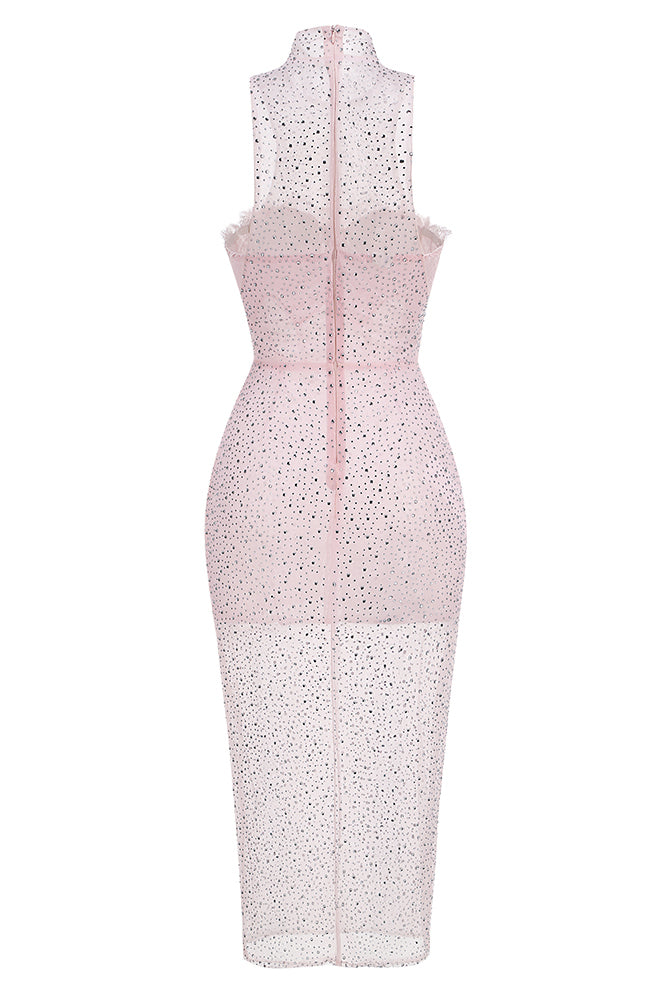 Stand Crystal Embellished Mesh Dress