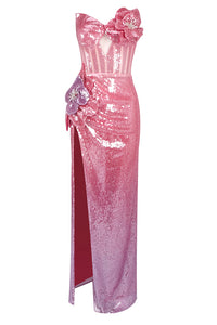 Strapless 3d Floral Sequin Gown