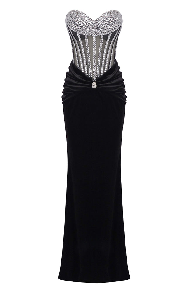 Strapless Corset Crystal Velvet Gown