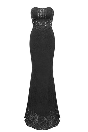 Strapless Corset Lace Maxi Dress in Black
