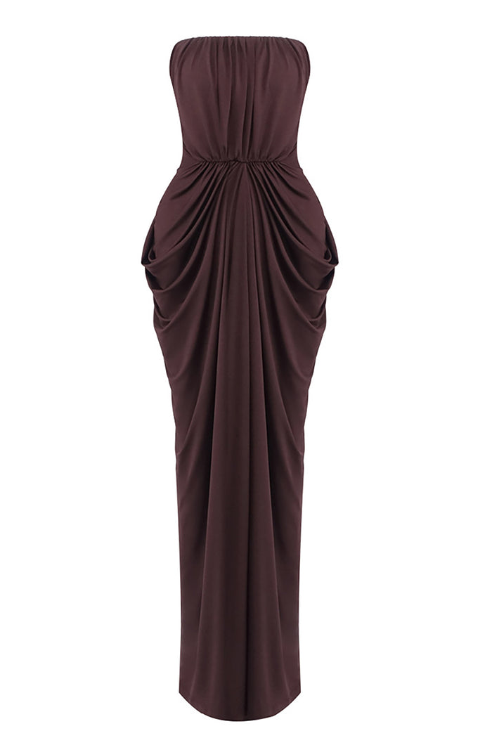 Strapless Crepe Maxi Dress in Brown