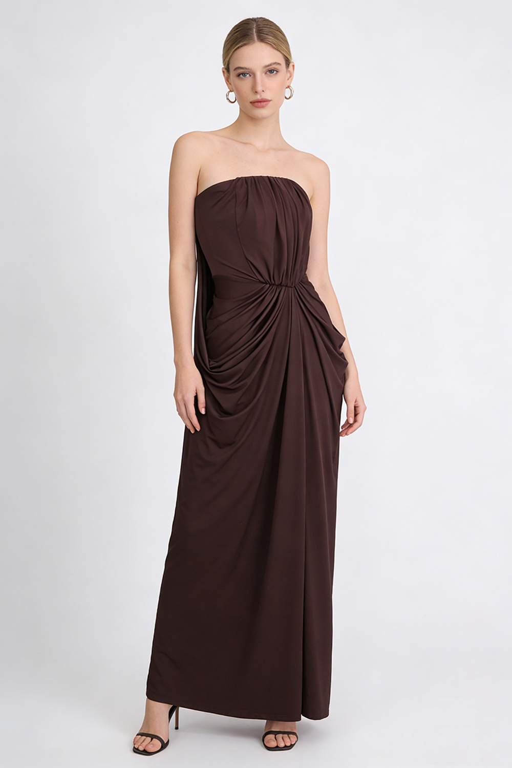 Strapless Crepe Maxi Dress in Brown