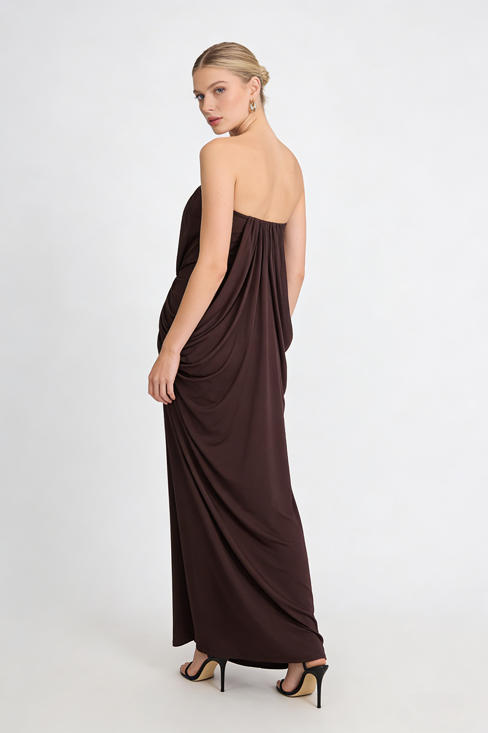 Strapless Crepe Maxi Dress in Brown