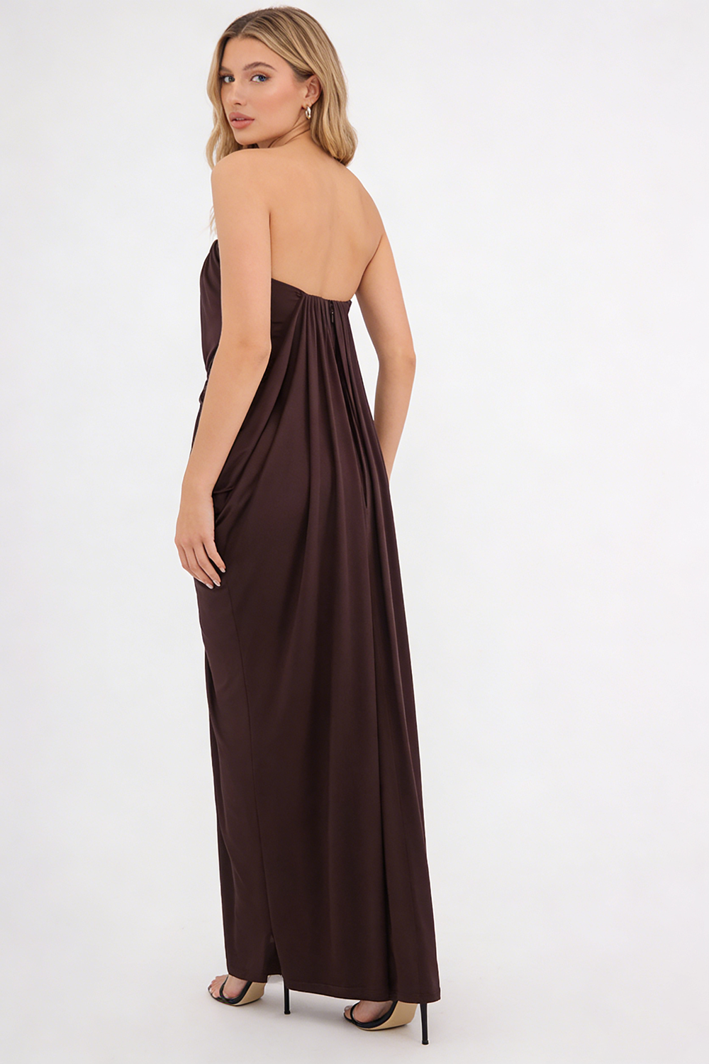 Strapless Crepe Maxi Dress in Brown