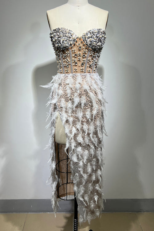 Strapless Crystal Feather Embellished Midi Dress