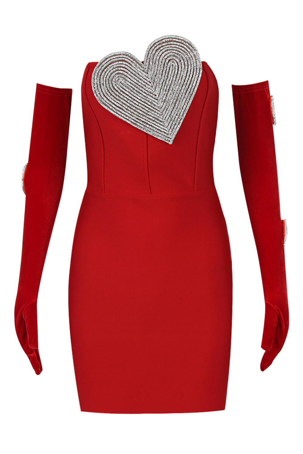 Strapless Heart Crystal Mini Dress in Red With Gloves