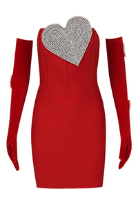 Strapless Heart Crystal Mini Dress in Red With Gloves