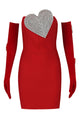 Strapless Heart Crystal Mini Dress in Red With Gloves