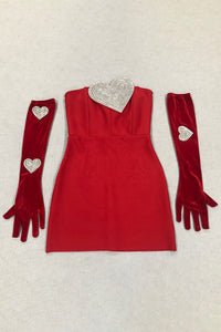 Strapless Heart Crystal Mini Dress in Red With Gloves