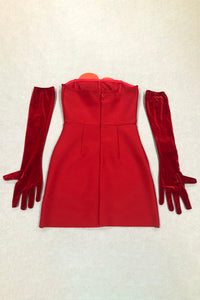 Strapless Heart Crystal Mini Dress in Red With Gloves