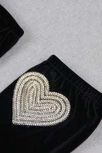 Strapless Heart Crystal Mini Dress in Black With Gloves