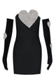 Strapless Heart Crystal Mini Dress in Black With Gloves