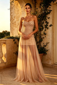 Strapless Crystal Mesh Maxi Dress in Nude