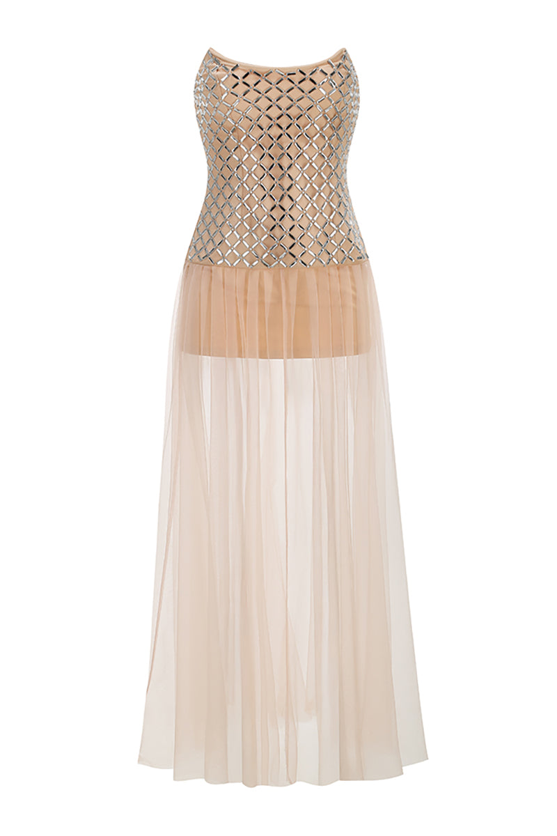 Strapless Crystal Mesh Maxi Dress in Nude