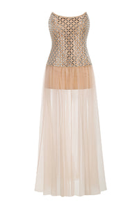 Strapless Crystal Mesh Maxi Dress in Nude