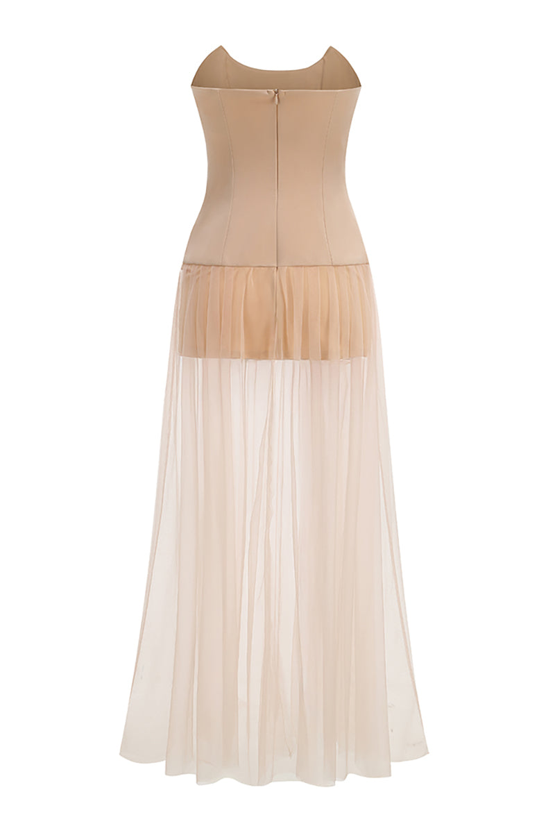 Strapless Crystal Mesh Maxi Dress in Nude