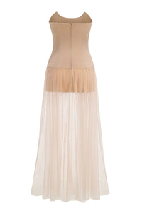 Strapless Crystal Mesh Maxi Dress in Nude