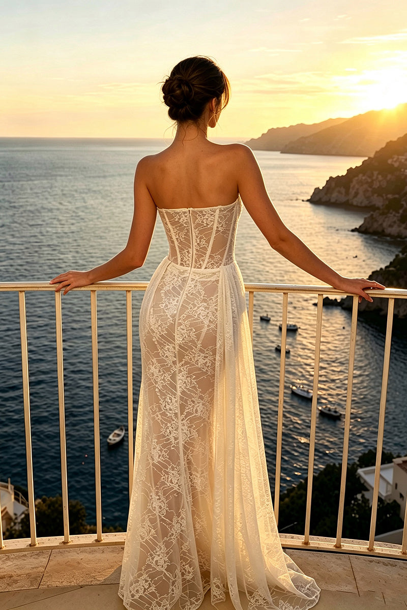 Strapless Draped Lace Maxi Dress
