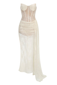 Strapless Draped Lace Maxi Dress