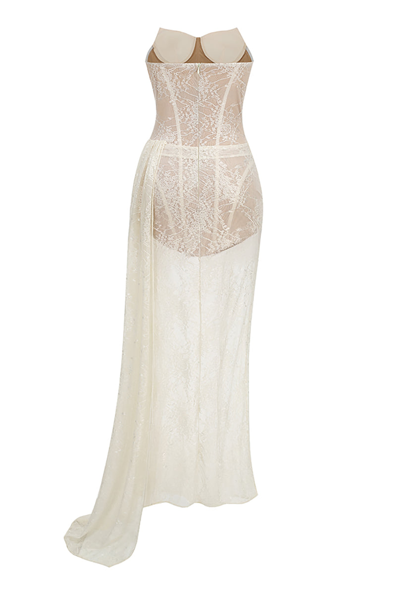 Strapless Draped Lace Maxi Dress