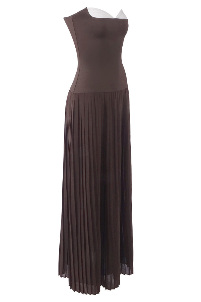 Strapless Drop Waist Pleated Gown
