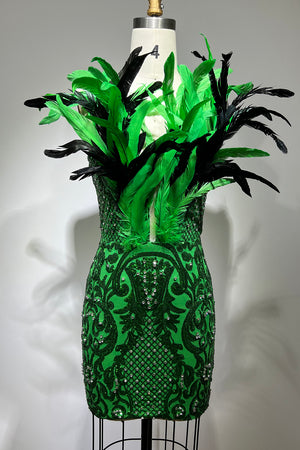 Mini-robe bustier à paillettes et bordure en plumes - Vert