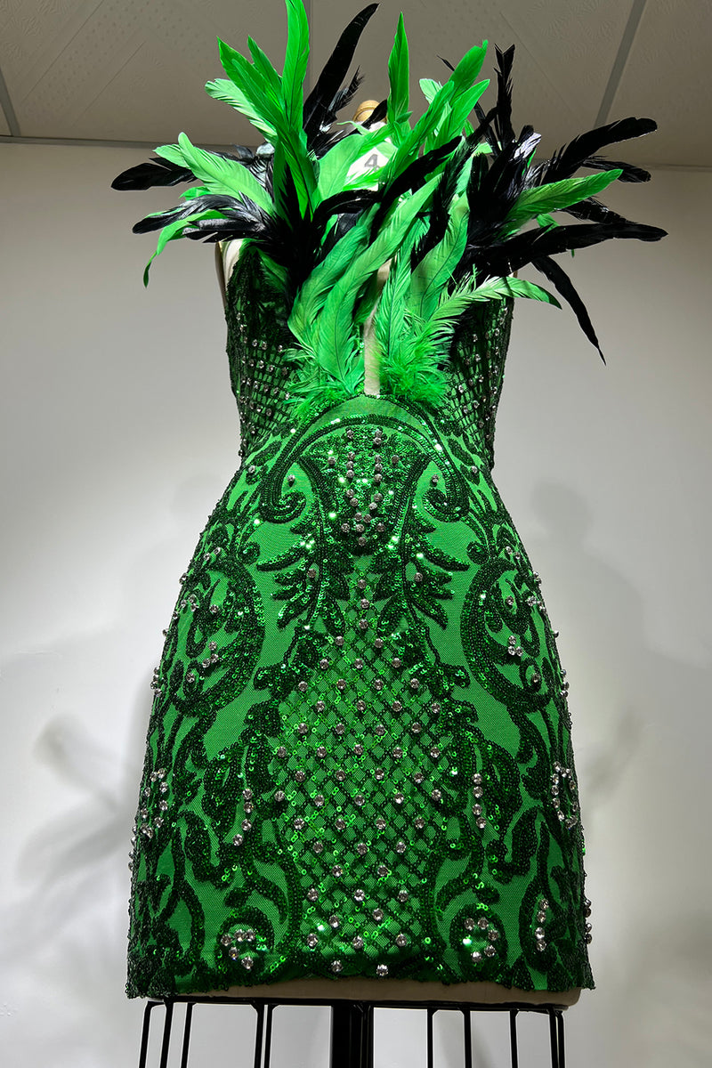 Strapless Feather Trim Sequins Mini Dress In Green