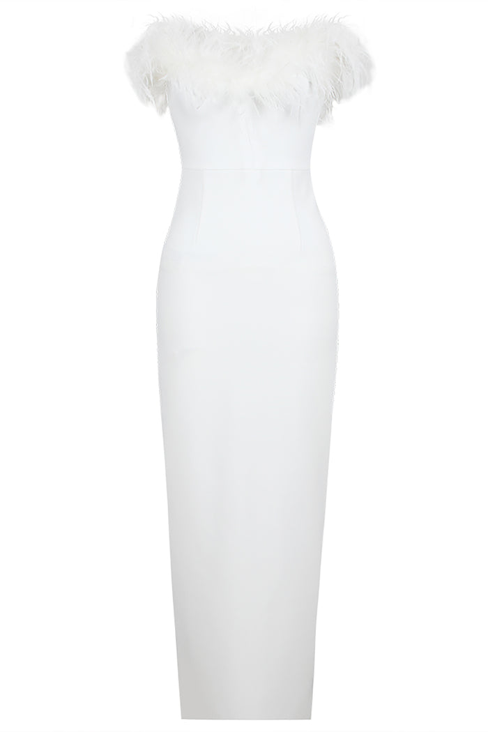 Strapless Feather Trim Slits Midi Bandage Dress