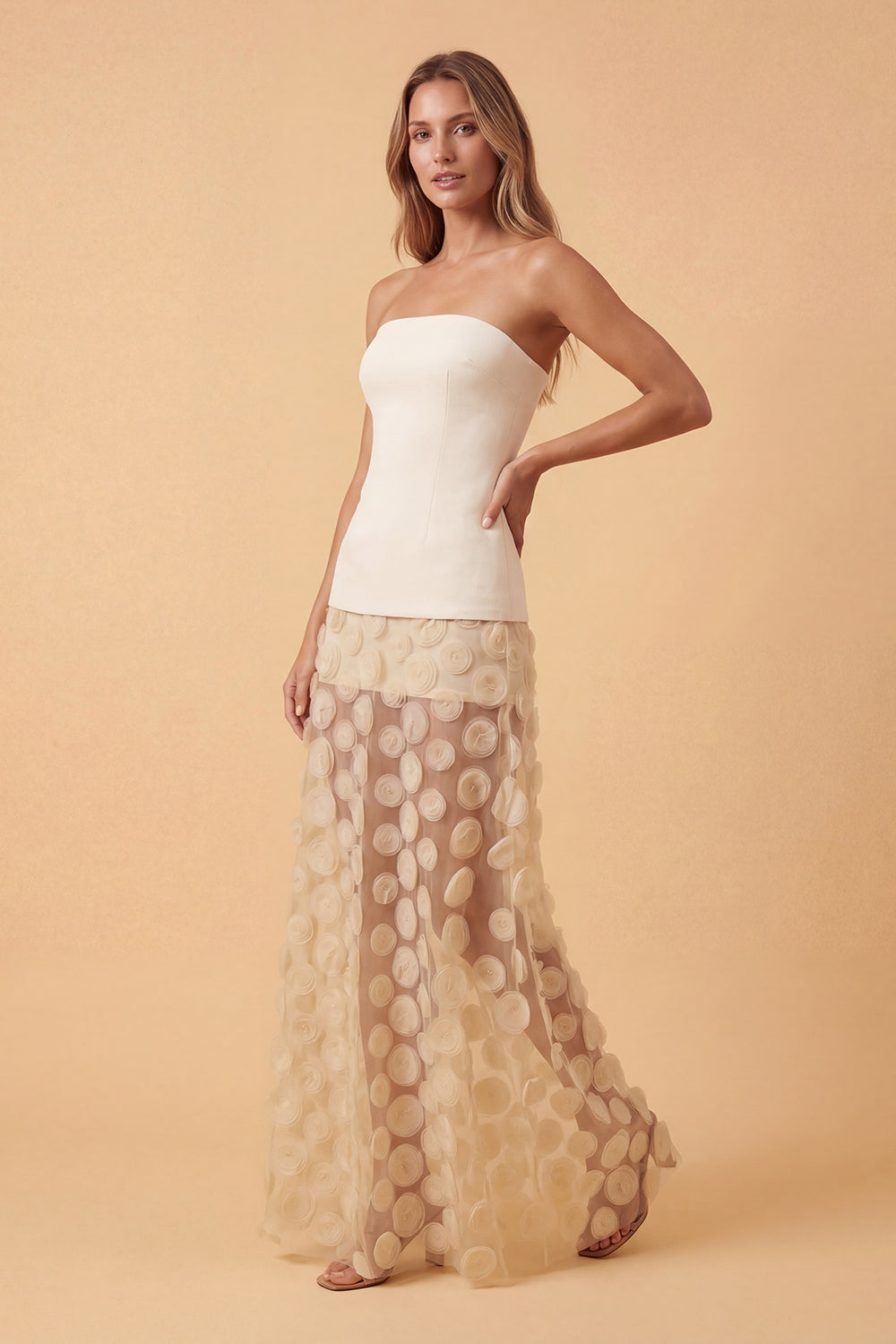 slim fit dress slacks Focus by Shani — Laser Cut Ponte Knit Fit & Flare Dress in Beige main image 0