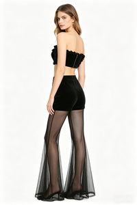 Strapless Floral Bustir Flare Tulle Trousers Set in Black