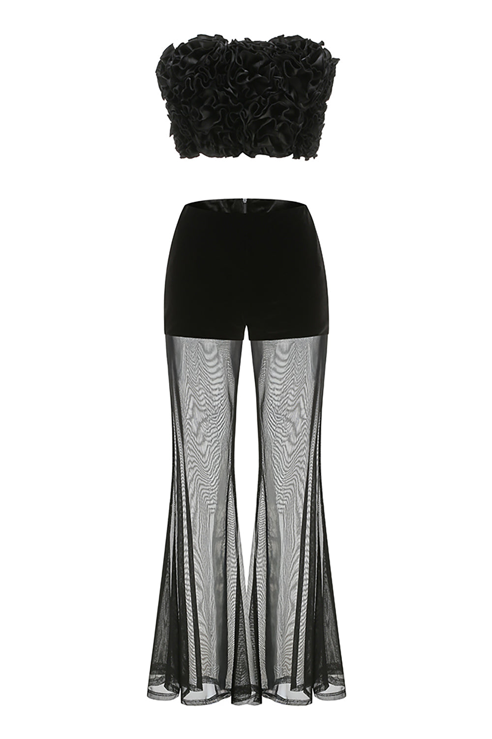 Strapless Floral Bustir Flare Tulle Trousers Set in Black